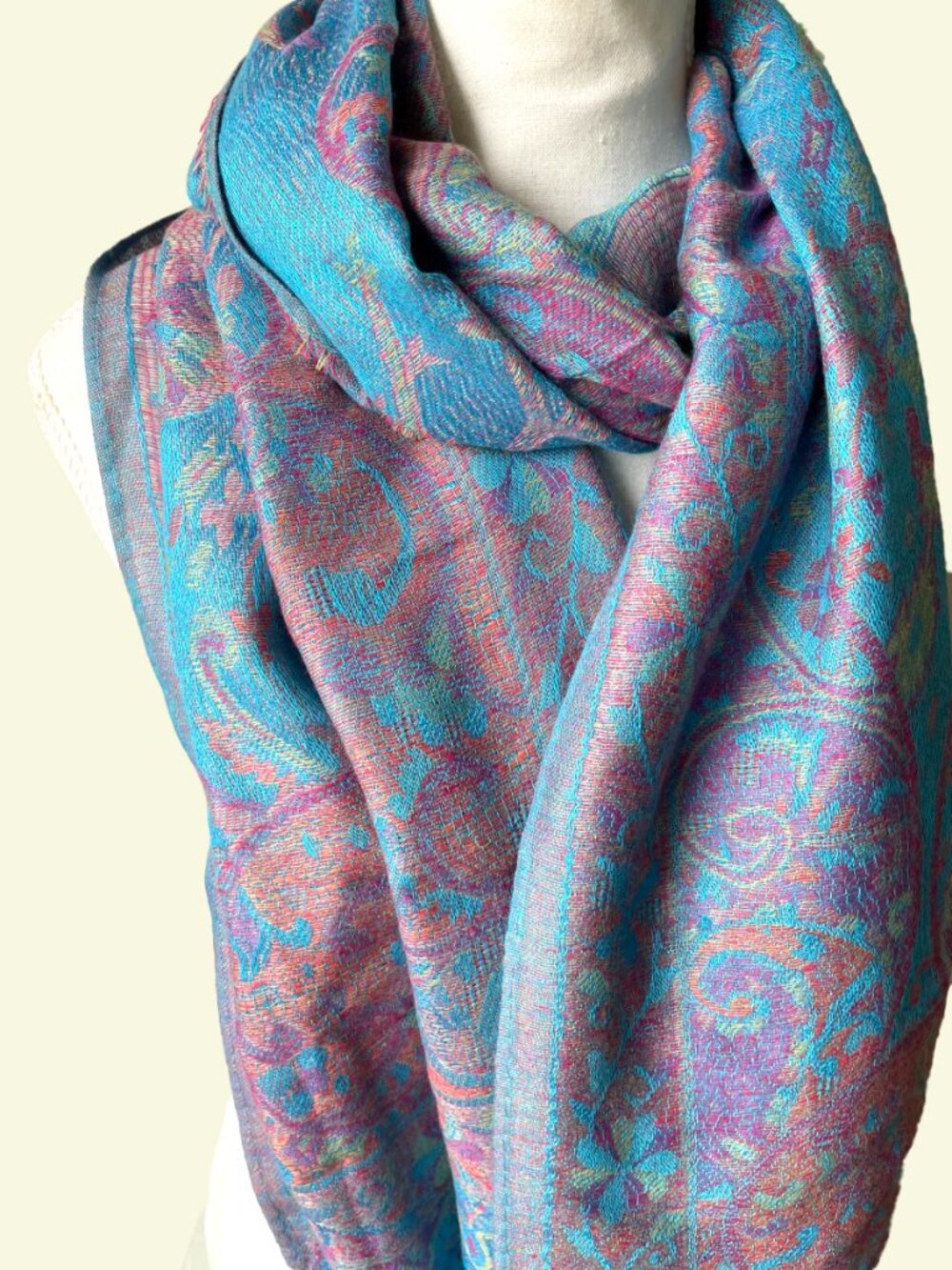Turquoise Blue Floral Paisley Pashmina Scarf Wrap, Bridesmaid Shawl, Rave